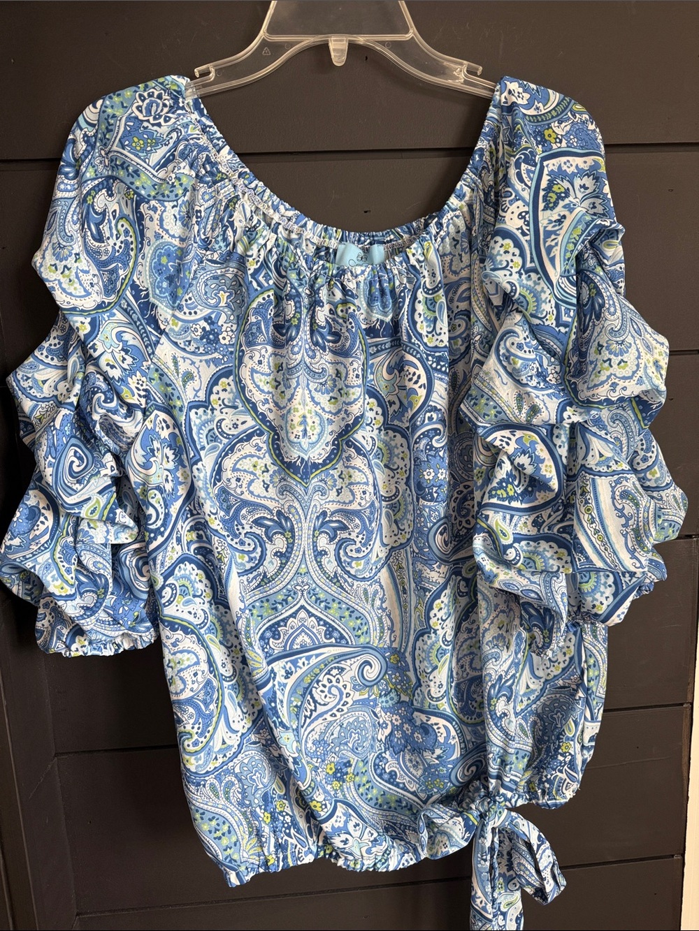 CeCe Blue Paisley Ruffle-Sleeve Blouse
